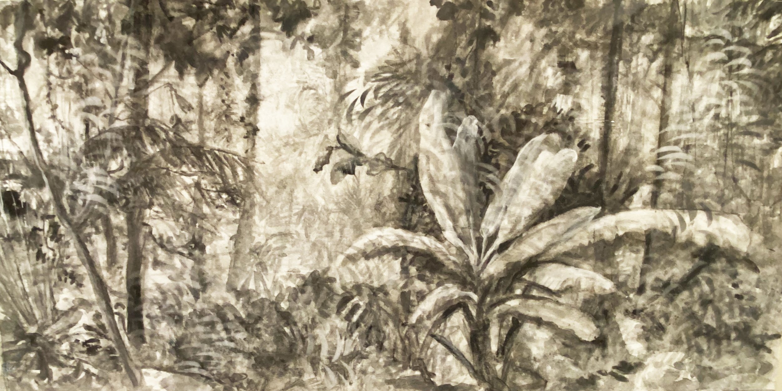   Jennifer Ewing.2023 .Secluded Jungle Mosaic. Ink, Pigment, Chalk on Canvas 28 x 50  