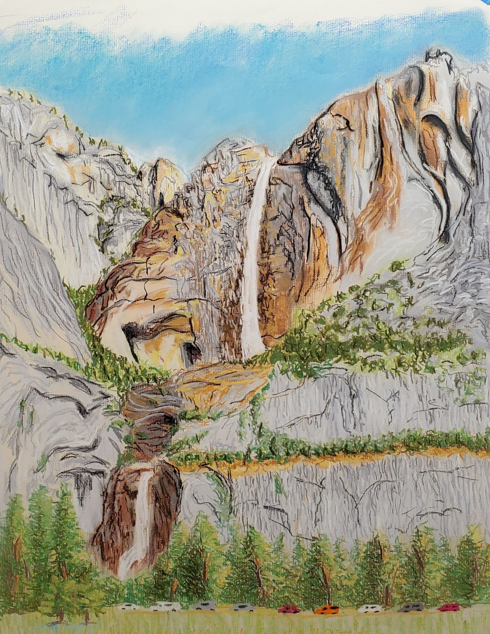   Leslie Aguilar 2020. Yosemite Falls. Pastels on paper 18x24   