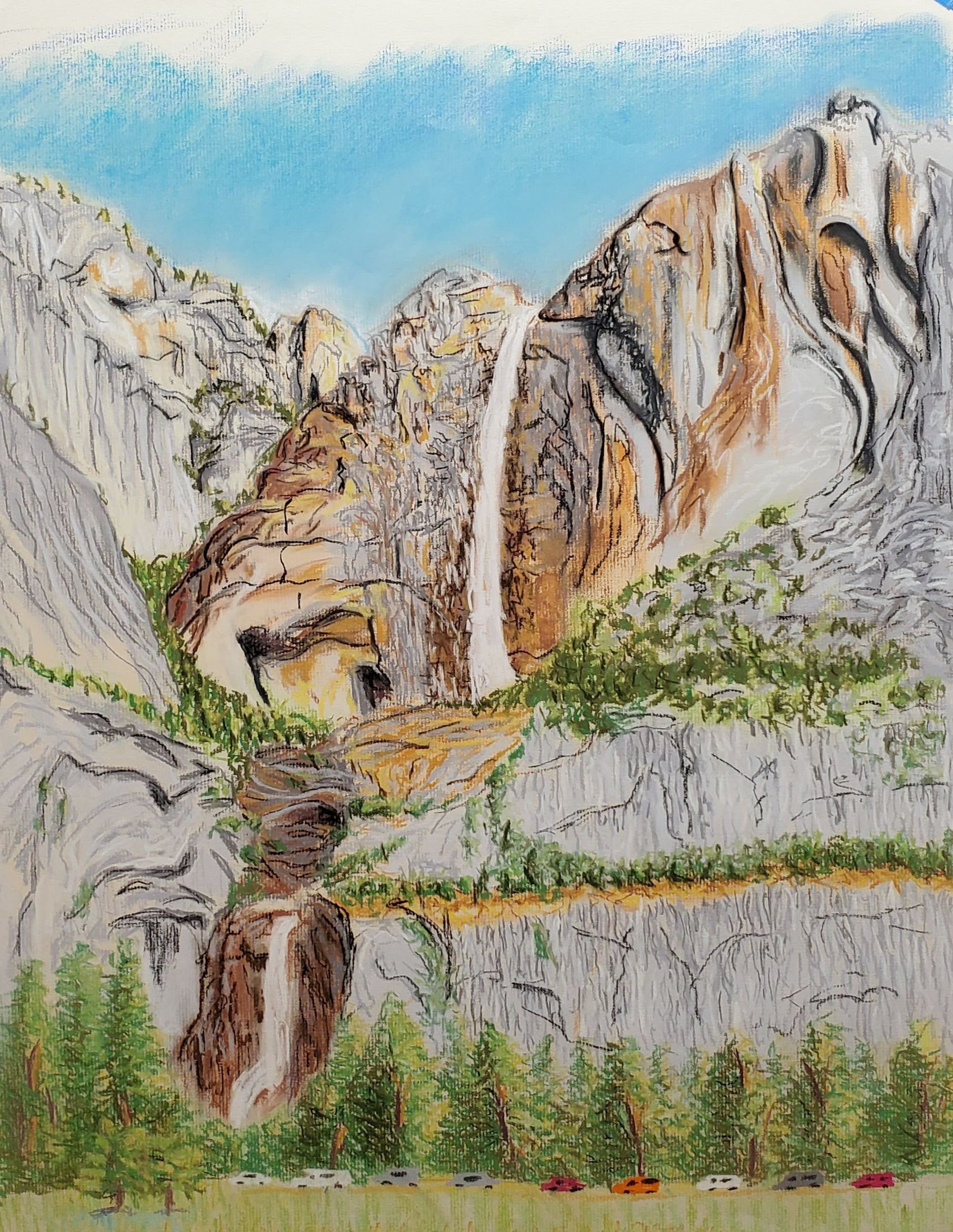 Leslie Aguilar. 2020. Yosemite Falls, pastel on paper, 24" x 18"