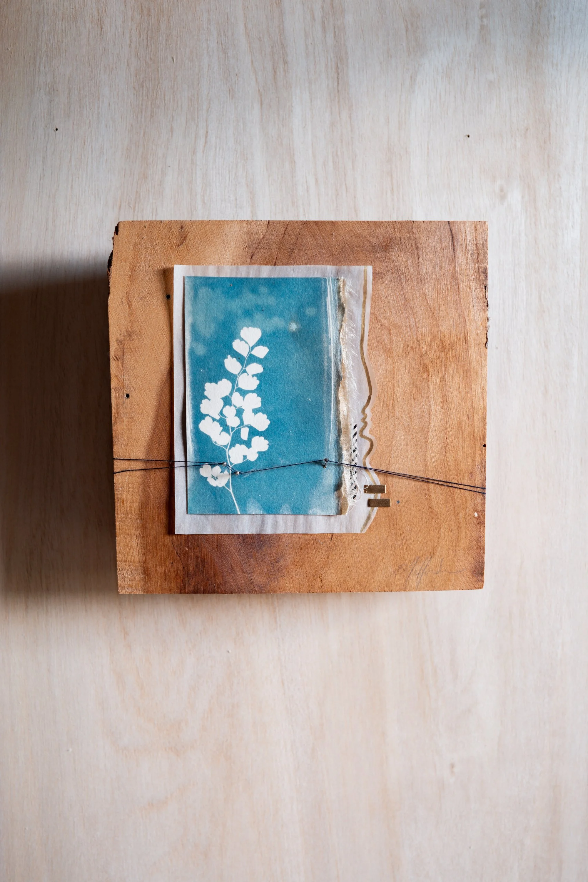"Sweet Fern" Mixed Media Cyanotype Collage on Wood
