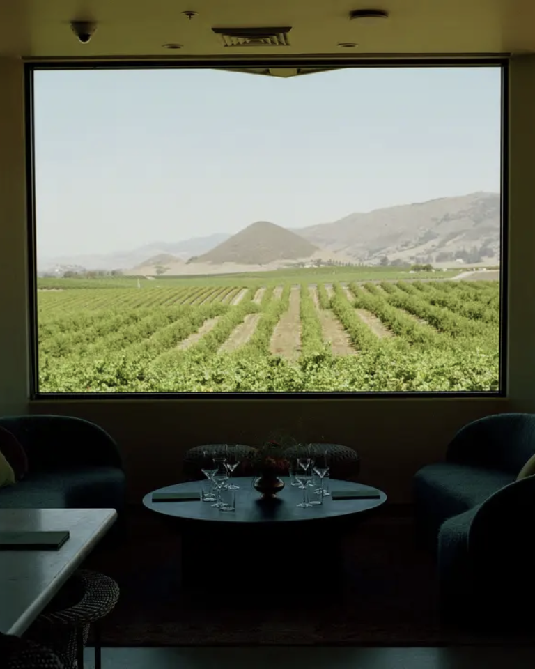 View of a farm with rows of green crops seen through a large window from inside a room with seating and a table.