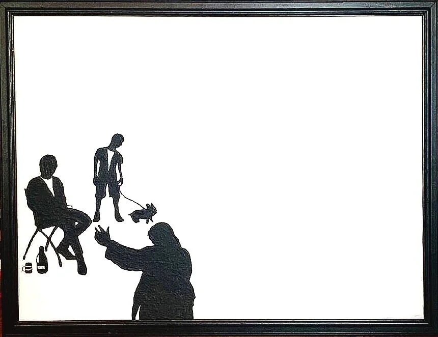 a day-drunk streetperson singing towards 2 strangers & a dog (a park scene)