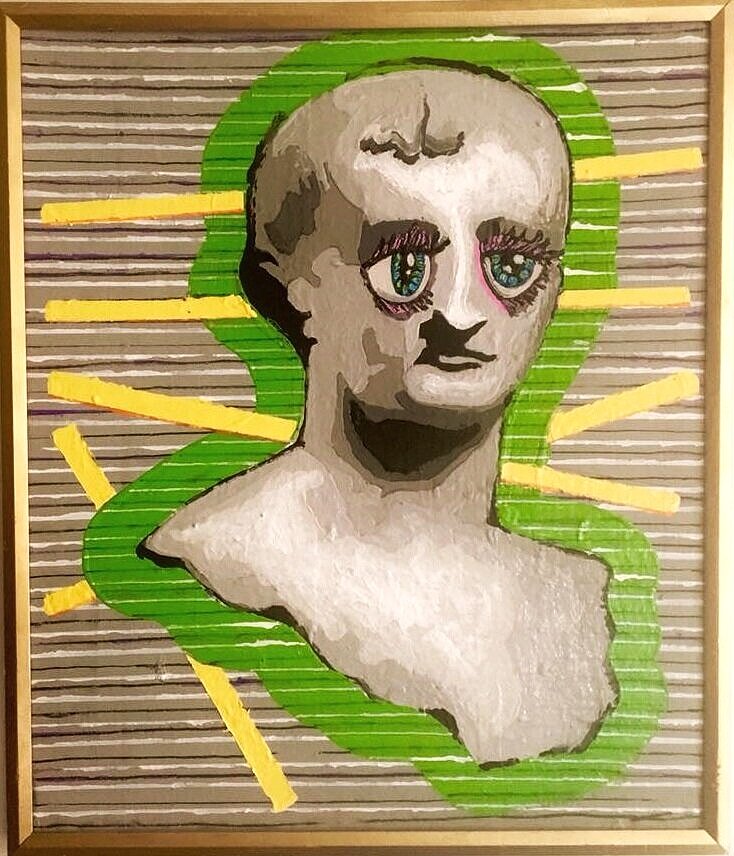 portrait of a glam humanoid extraterrestrial surrounded by otherworldly green aura, served up on a striped background