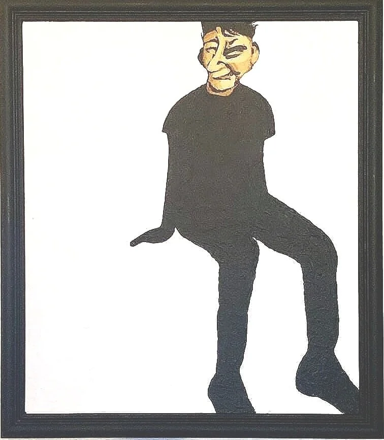 person w/ digitally manipulated face, sitting upright