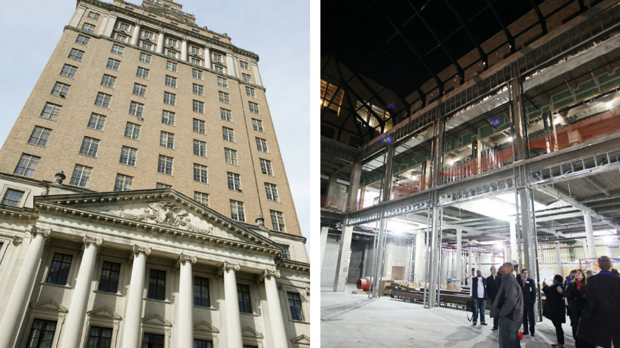 (L) 15 Washington St., built in the 1920s, is now fully restored as housing for Rutgers University-Newark students. Photo by Theo Anderson. (R) Legacy City Preservation conference attendees tour Newark's landmark Hahne's Building, being developed into a commercial, cultural and residential complex. Photo by Anthony Alvarez. 
