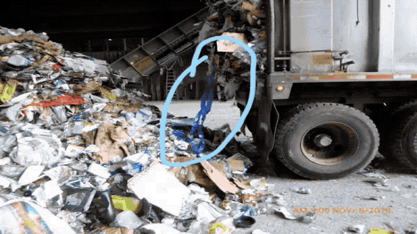 Blue circles highlight contamination in one single day’s recycling collection. (Photos courtesy of Atlantic Coast Recycling)