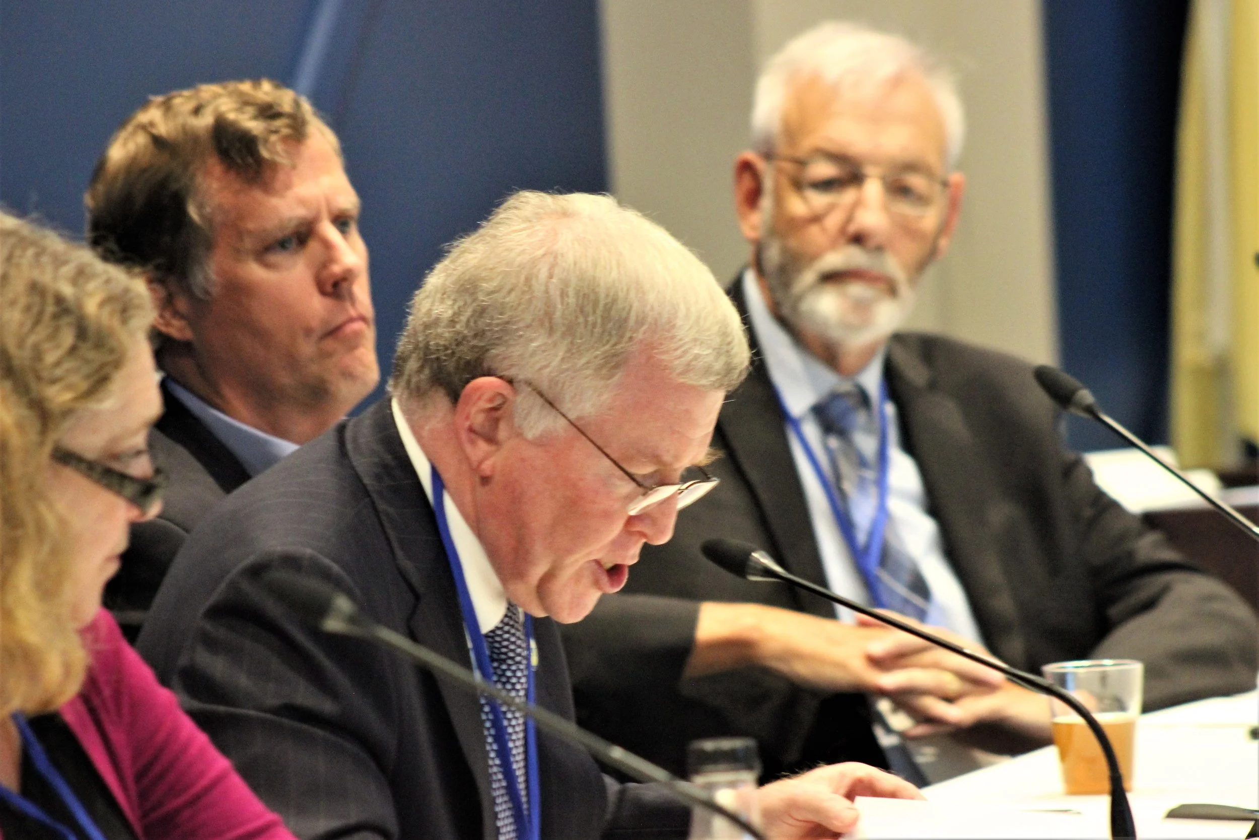 Panelists at “Time for Turbines” conference (l. to r.: Stefanie Brand, Dir. NJ Div. of Rate Counsel; Bob Gordon, NJ BPU Commissioner; Dr. Frank Felder, Dir. Rutgers Energy Institute Center for Energy Economic and Environmental Policy; Moderator Rick Dovey, ACUA President.) Photo by Bill Barlow
