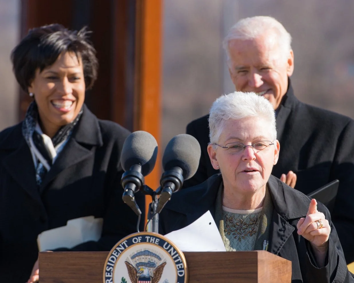 Gina McCarthy, then-Vice President Joe Biden, and D.C. Mayor Muriel Bowser visiting a DC Clean Rivers Project in 2015.