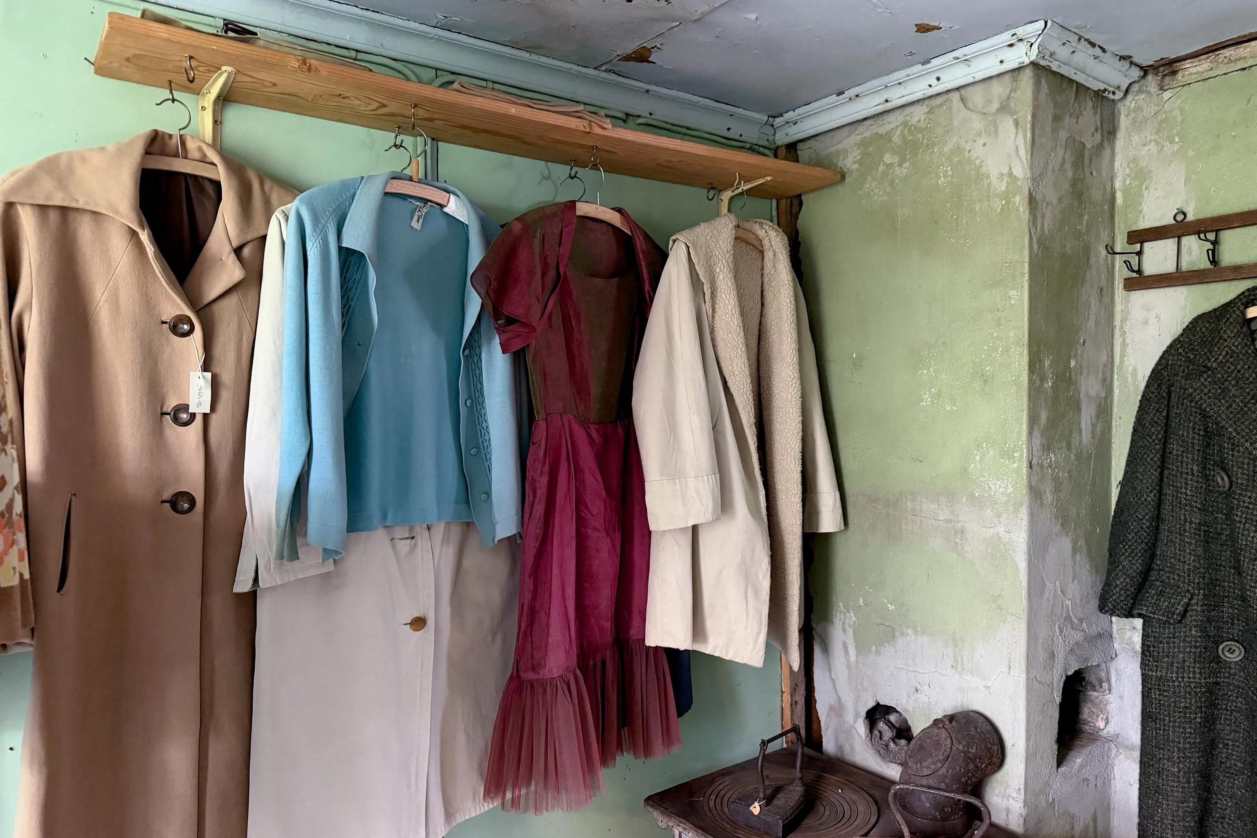 Dresses hanging in bedroom