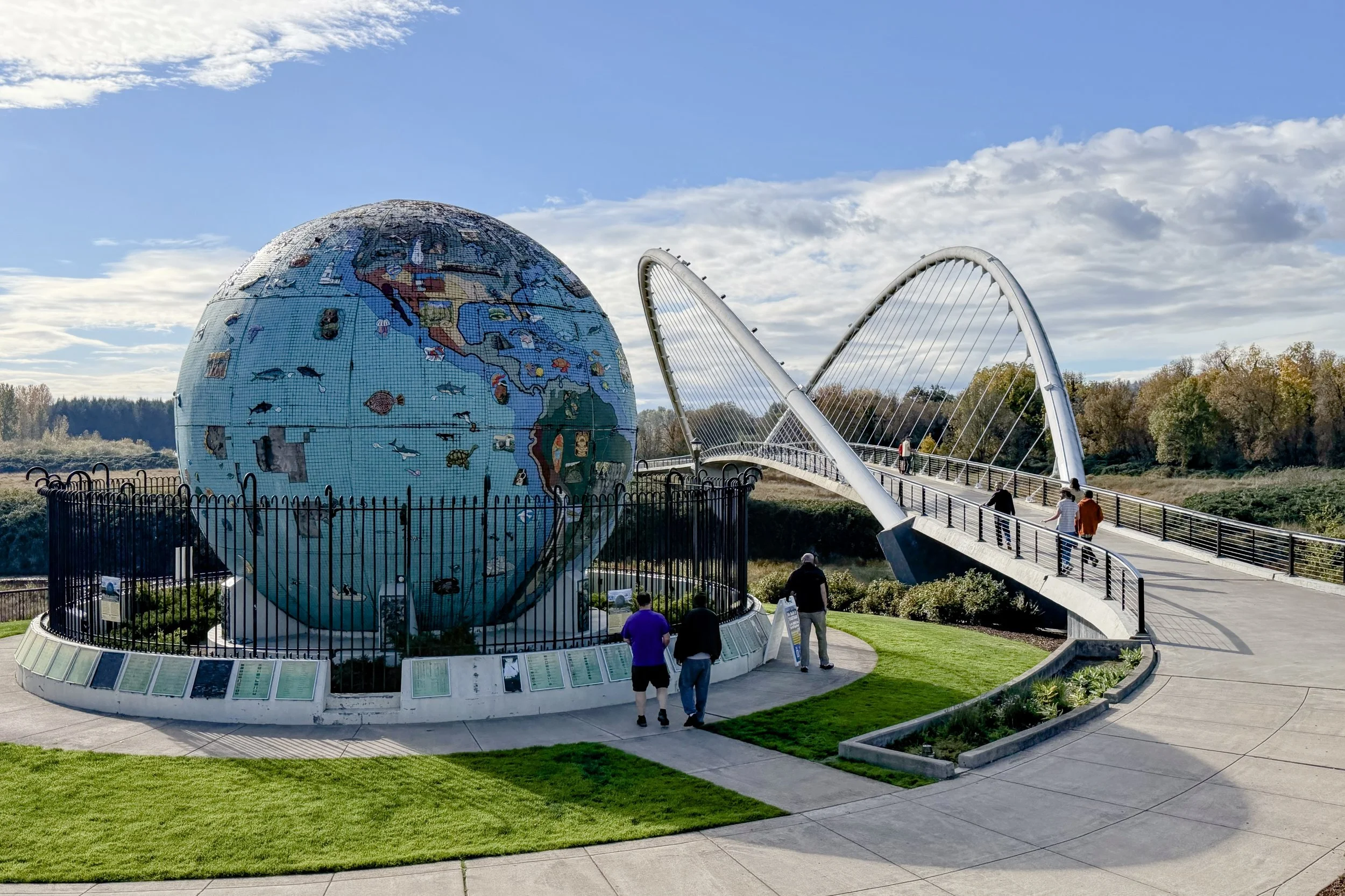 Eco-Earth globe and Peter Courtney Minto Island Bridge