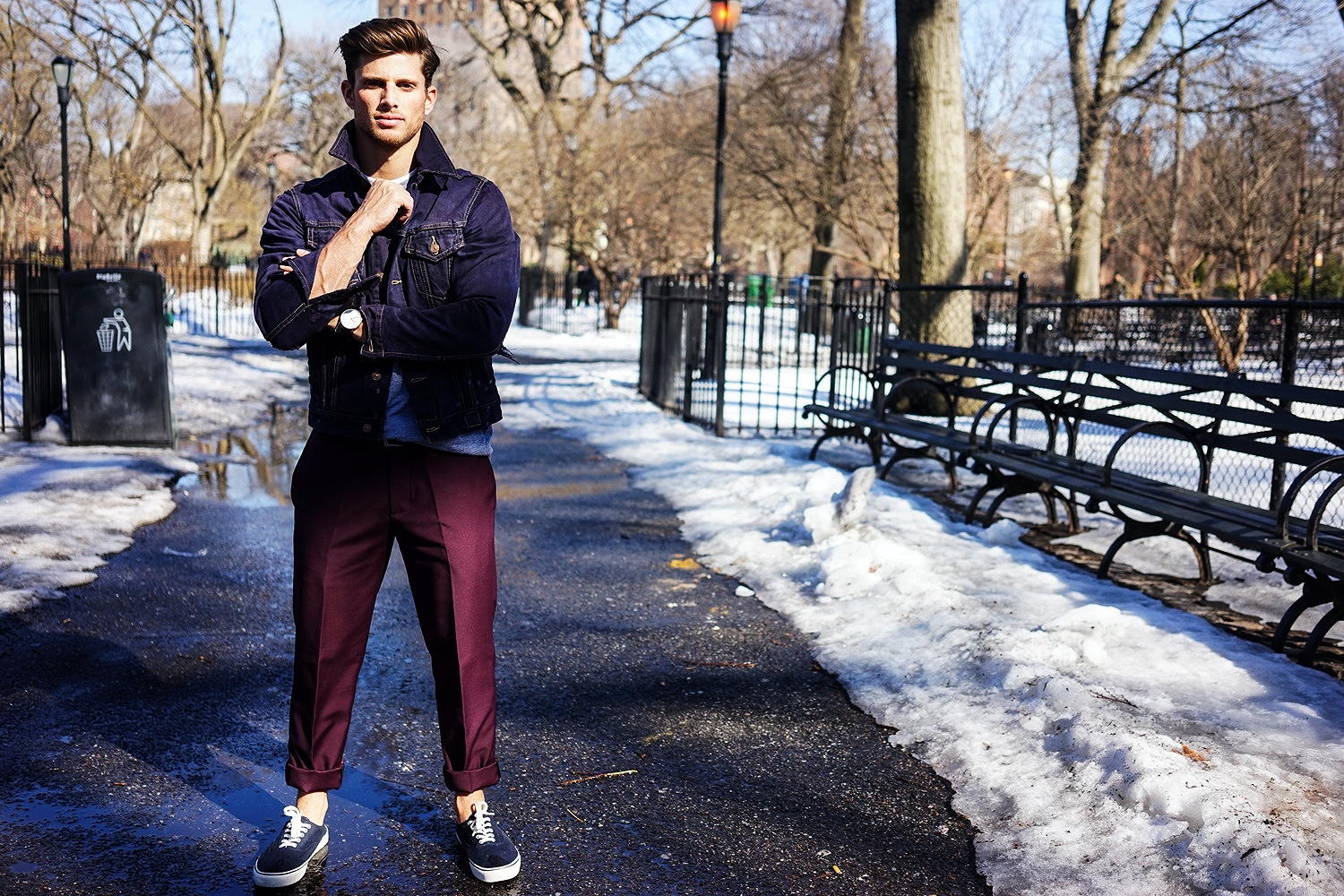 denim jacket with suit pants