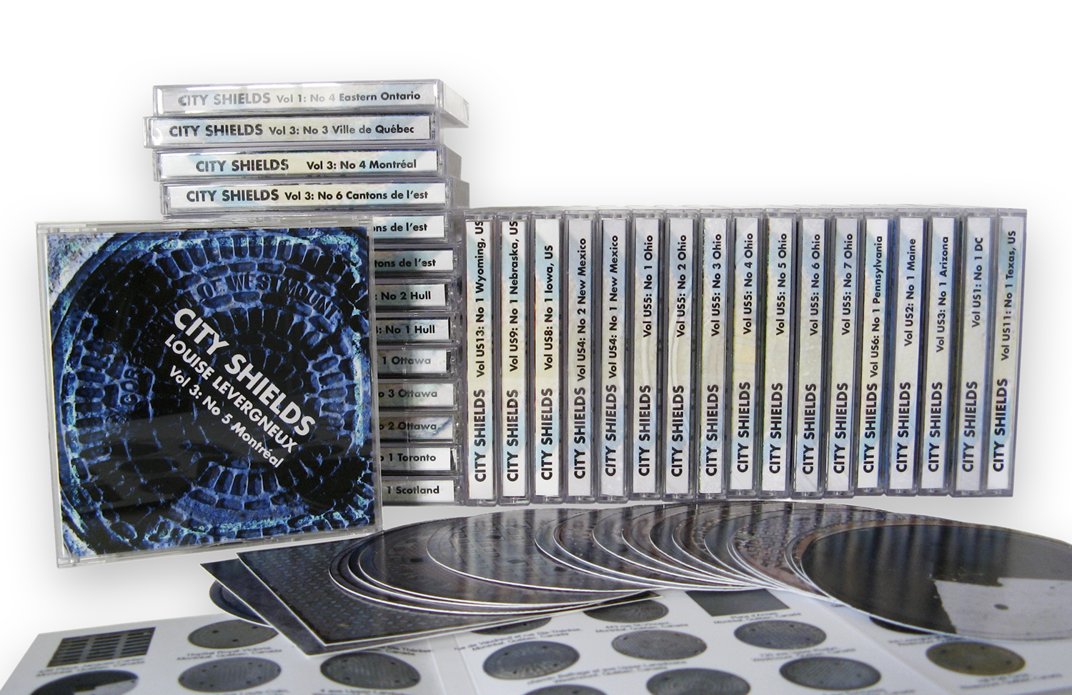 "City Shields" project, showing 31 volumes out of 51 volumes with detail of the Montreal volume