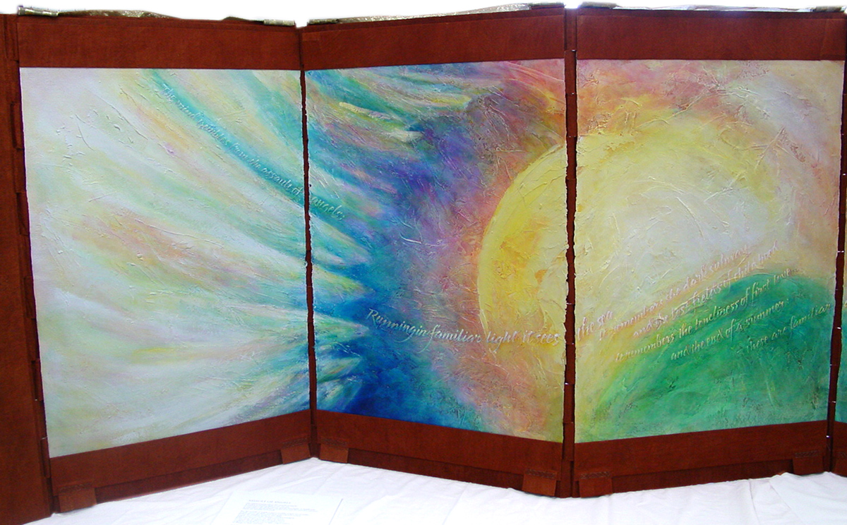 © 2010 Elizabeth McKee, Assault of Angels, acrylic paint and gesso on handmade paper mounted on foam core board which is backed with Ugandan bark cloth