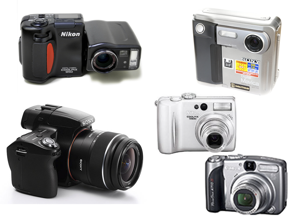 from left to right: Nikon CP-950, Sony Mavica, Nikon Coolpix 5900, Canon Power Shot A710 and the Sony Alpha 33 D-SLR