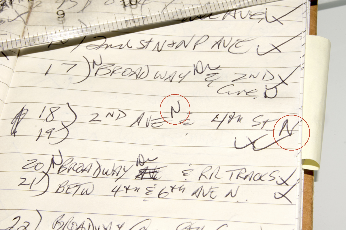 © 2016 Louise Levergneux, detail of my journal with corrections indicated with red circles