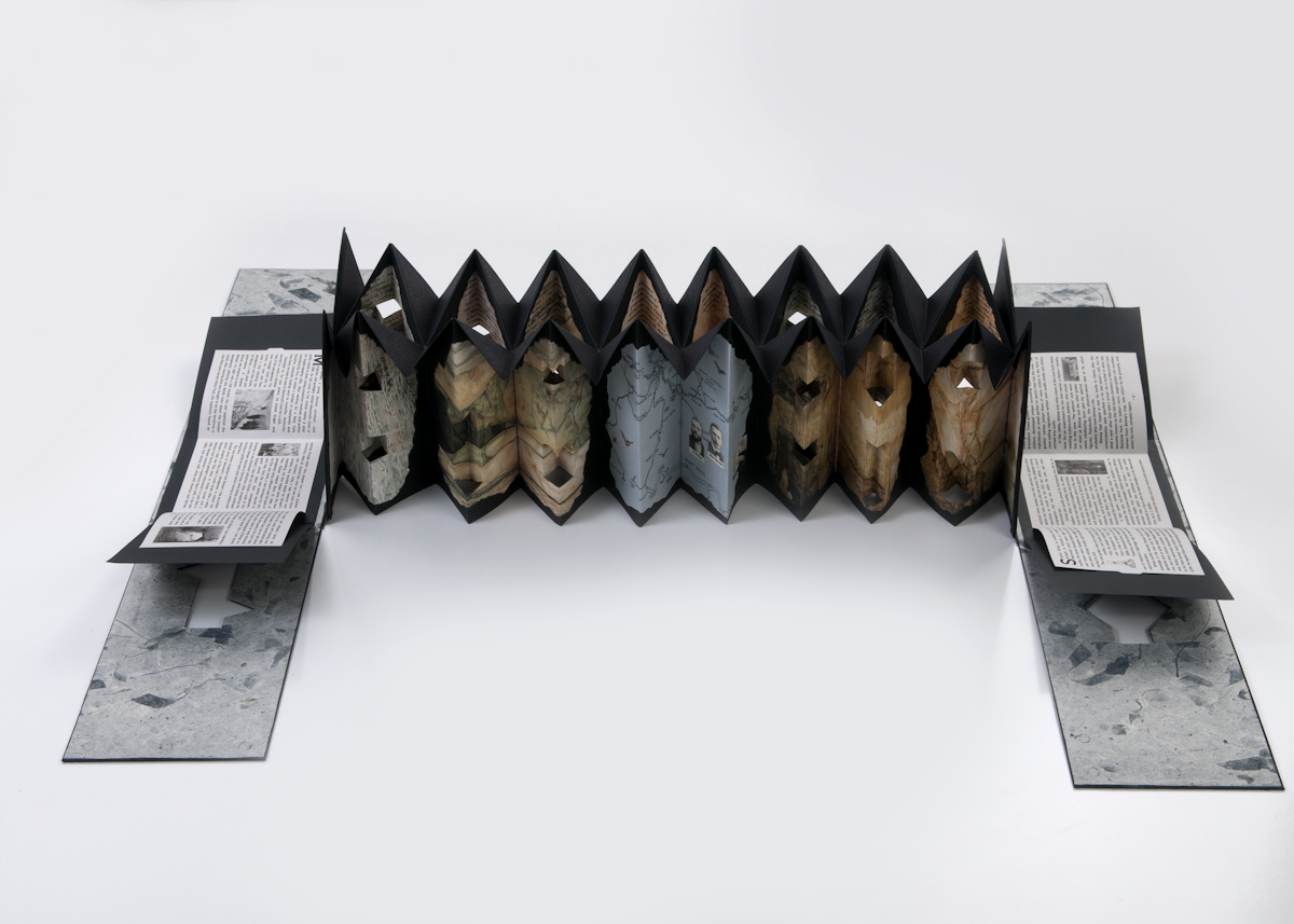 © 2011, photo by Tommy White; Depth Perception: Mapmaking Legacies at Mammoth Cave by Sharon Sharp is created using Canson Mi-Teintes, metallic-flecked unryu, textured Strathmore, kozo with mango leaves, and Southworth papers