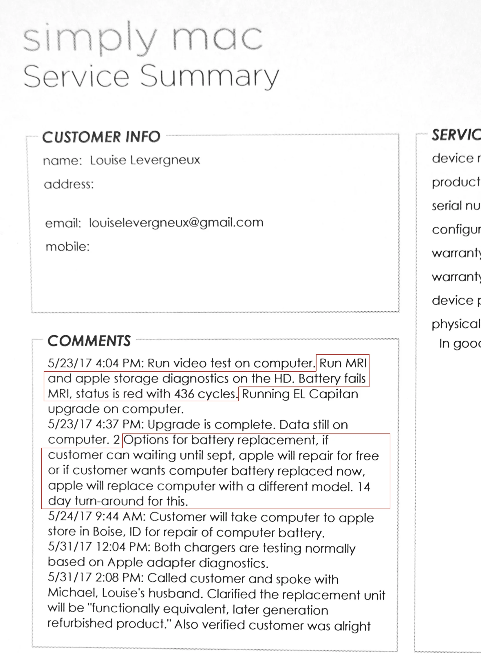© 2017 Louise Levergneux, Simply Mac's Service Summary I signed to agree on repairs. I squared in red the important parts.