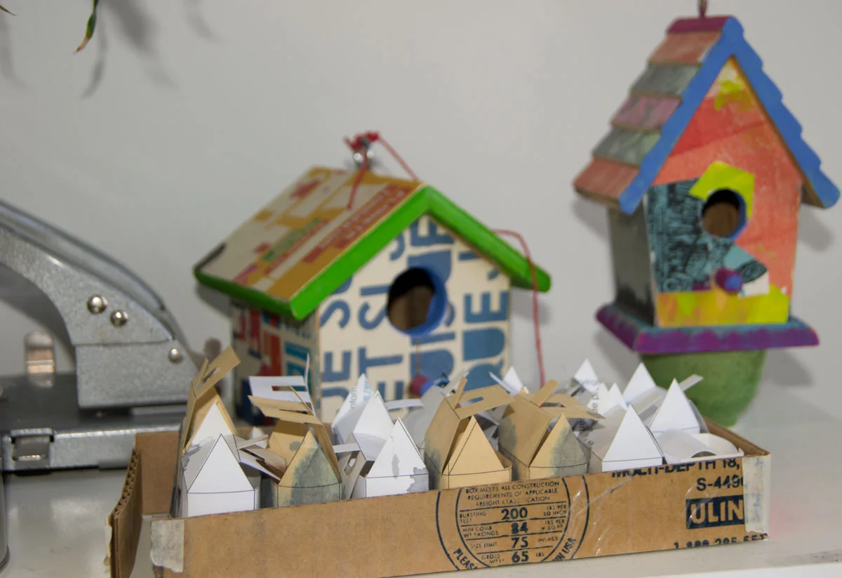 © 2017 Louise Levergneux, I was intrigued by these tiny little houses in Guylaine's atelier, they were templates for her artists' book Everyone Needs a Home