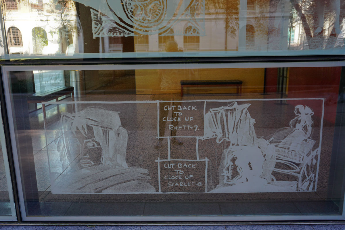 © 2017 Louise Levergneux, left plaza etched glass of the Harry Ransom Center, Austin, Storyboard from Gone with the Wind, 1939