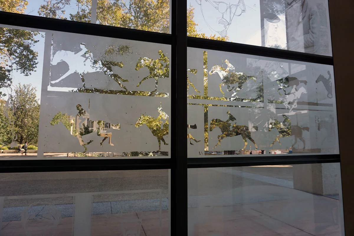 © 2017 Louise Levergneux, right plaza etched glass of the Harry Ransom Center, Austin, Horse in Motion, Eadweard Muybridge, ca 1886