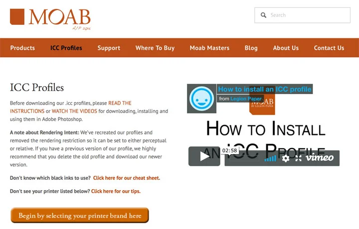 Moab page describing profiles to start downloading and install