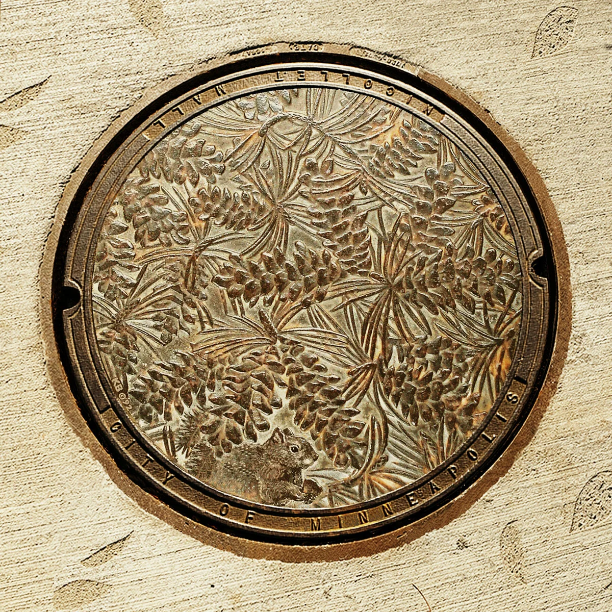 © 2018 Kate Burke. Norway PIne, manhole cover, when it was first installed, designed by Kate Burke.