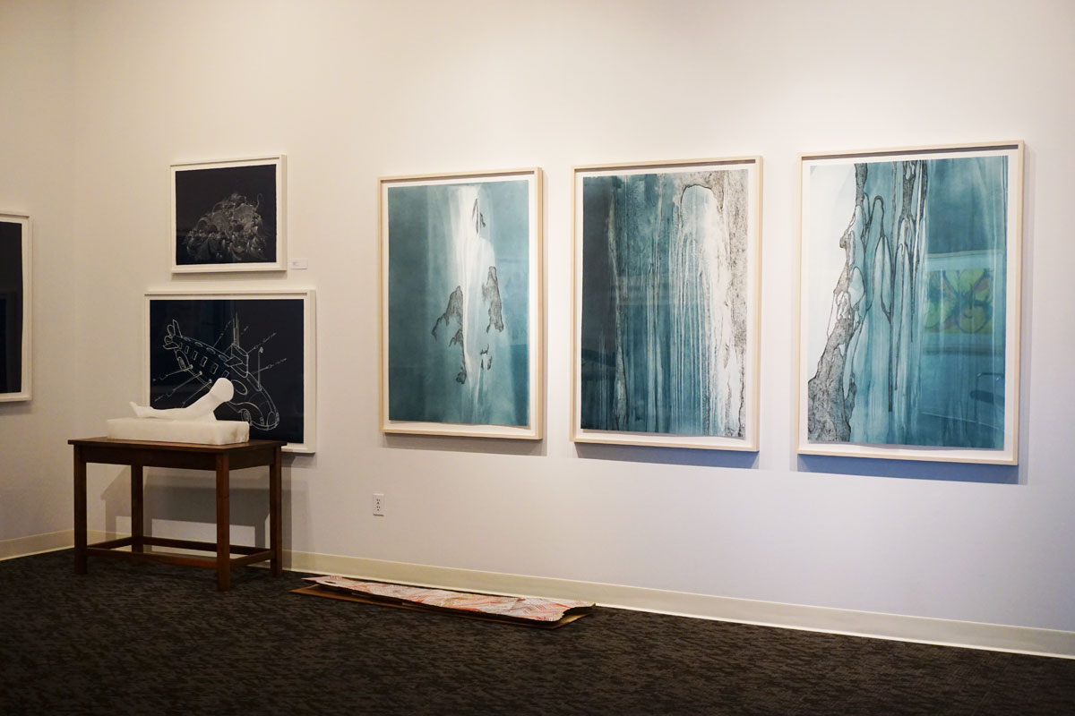 © 2019 Louise Levergneux. top left: Sandra Cinto, Open Sea , 2016, Cyanotype, 22 x 30”; left middle: Esterio Segura, Homemade Submarine SJXXII , 2017, Cyanotype, 32.125 x 46”; left bottom: Sandra Cinto, Untitled , 2016, sculpture: Alabaster, 13.5 x 36 x 12”, base: 30 x 40 x 21”, Walnut Hardwood; right: Sandra Cinto, Chance and Necessity , 2016, suite of 5 two-run, two-color direct gravures with photogravure, 49.75 x 34” ea.