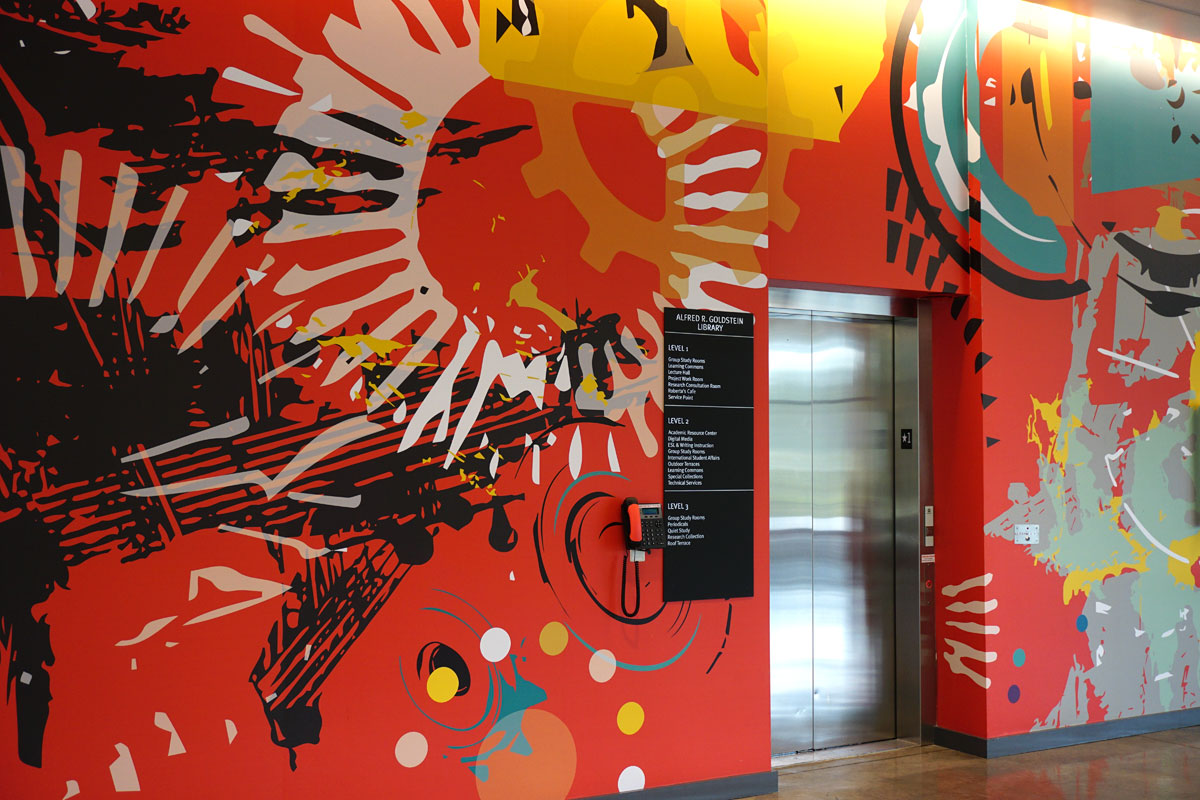 © 2019 Louise Levergneux. The Alfred R Goldstein Library lobby showcasing Julie Miller Kanapaux artwork, Momentum 2016 .