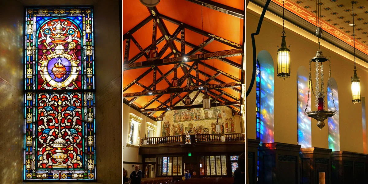 © 2019 Louise Levergneux. The renovated Cathedral reflects its Spanish origins. The deep red ceiling is open-timbered and lofty. Each richly decorated cross-beam bears a coat of arms of one of St Augustine’s former bishops. Elaborate gold and white woodwork and gold-leafed lindenwood statues added ornamentation. In the center a high-relief depicts the Risen Christ carved in Moroder Studio, Ortisei, Italy. / L'intérieur de la cathédrale reflète ses origines espagnoles. Le plafond rouge foncé est à pans de bois et d'apparence noble. Chaque poutre transversale richement décorée porte le blason de l'un des anciens évêques de St Augustine. Des boiseries dorées et blanches élaborées et des statues de tilleuls à feuilles d'or ajoute une touche d'ornement. Au centre un haut-relief du Christ sculptées au studio Moroder, à Ortisei, en Italie.