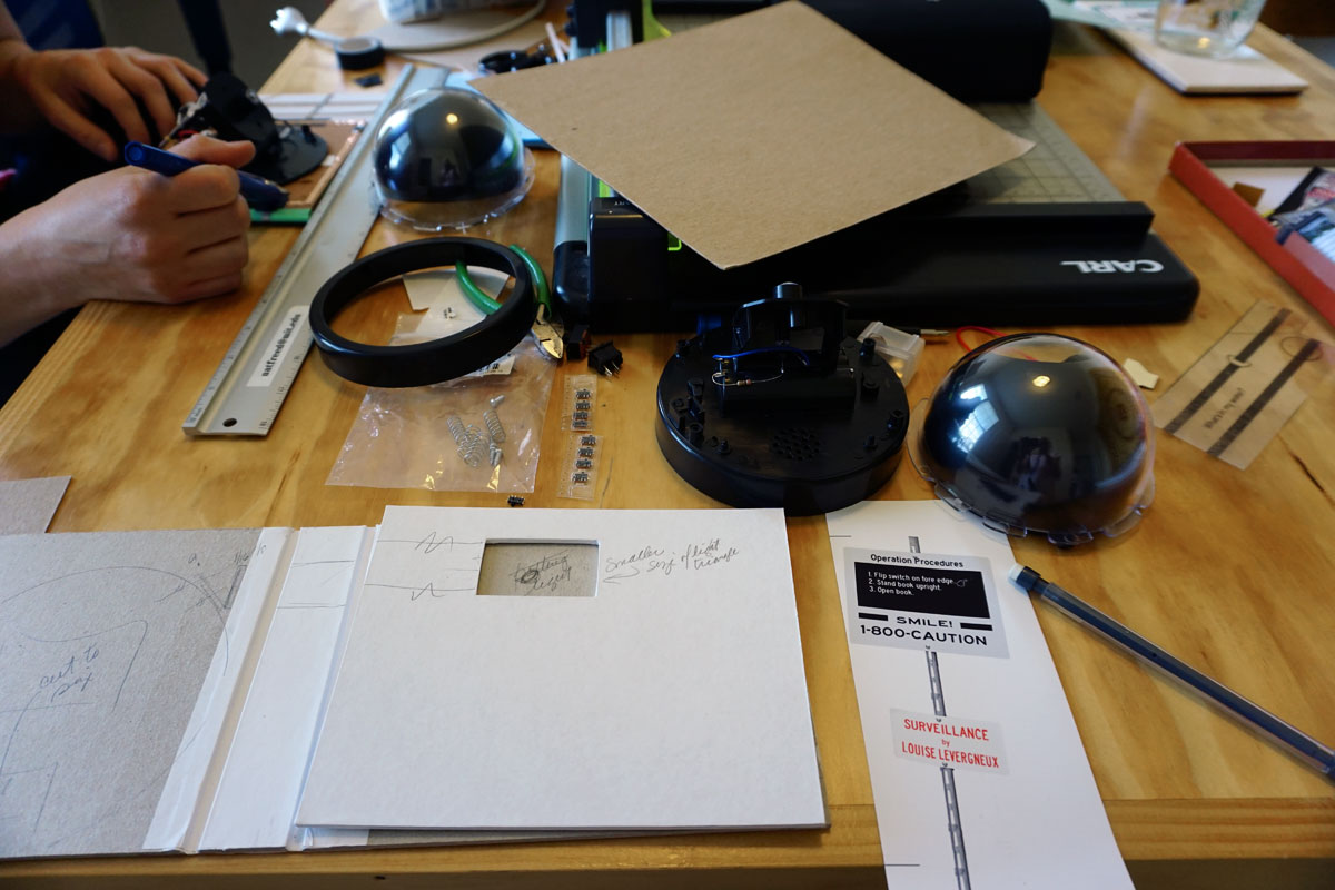 © 2019 Louise Levergneux. Without a physical space to call my own, here I’m working on my artists’ book “Surveillance” in Natalie Freed’s studio in Austin, Texas.
