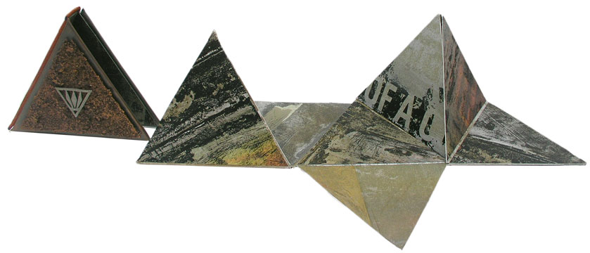 © 2010 Dorothy Simpson Krause. Ancient Mysteries , a pyramid shaped structure was created after Dorothy had an opportunity to work with Karen Hanmer . Ancient Mysteries can be folded in a virtually infinite number of ways, and is housed in a leather slipcase embellished with two triangular pieces of metal.6''x6''x1.5'' 36 pages