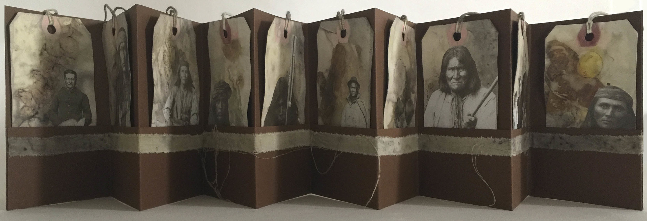 © 2018 Dorothy Simpson Krause. Apache began on a trip to Arizona, this small book explores our appalling treatment of Native Americans. Vintage photos of Apache Indians are collaged onto small eco printed tags which are placed into a pocket accordion, designed to fit into a well-worn leather pouch. Closed 5.5″x 3.75″x 1.75″, opened (5.5″x 28″).