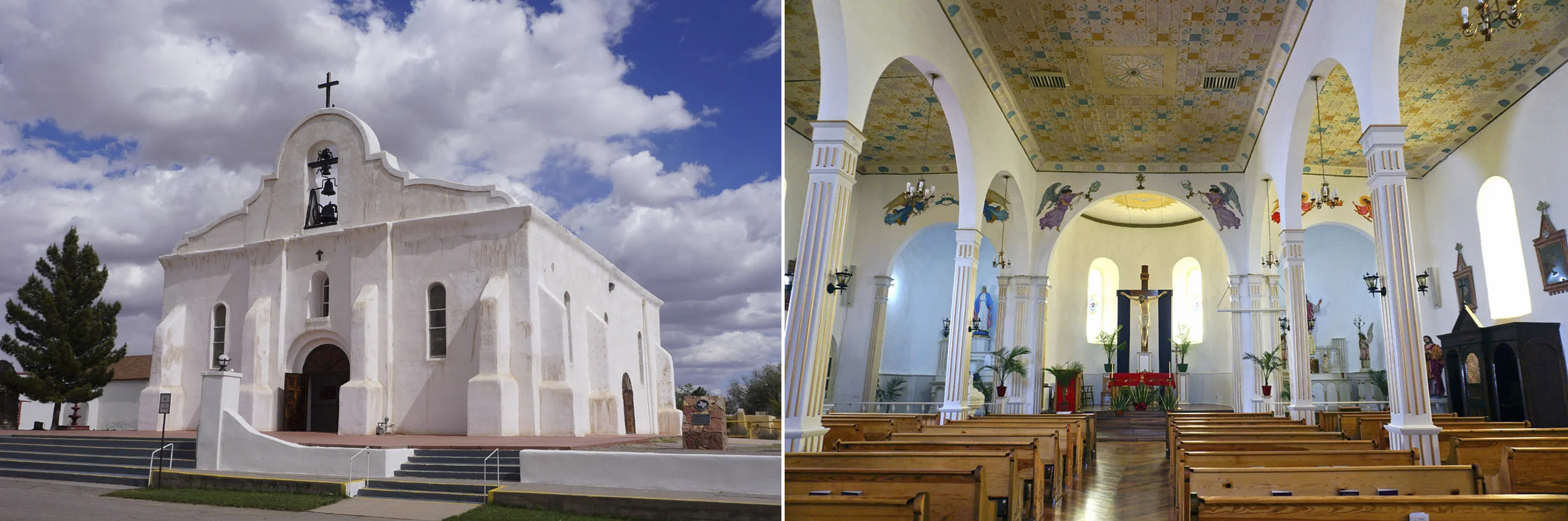 © 2019 Louise Levergneux. The Presidio Chapel of San Elizario is an example of the Spanish colonial style located in the central square of San Elizario, 27 km (17 m) south-southeast of El Paso. The church is one of the recent examples of adobe architecture from west, Texas, and reflects European influences on the Spanish colonial style. It has plaster walls and is whitewashed. / La chapelle du Presidio de San Elizario est un exemple du style colonial espagnol situé sur la place centrale de San Elizario, à 27 km au sud-sud-est d'El Paso. L'église est l'un des exemples récents de l'architecture en adobe de l’ouest, au Texas, et reflète les influences européennes sur le style colonial espagnol. Il a des murs en plâtre et est blanchi à la chaux.