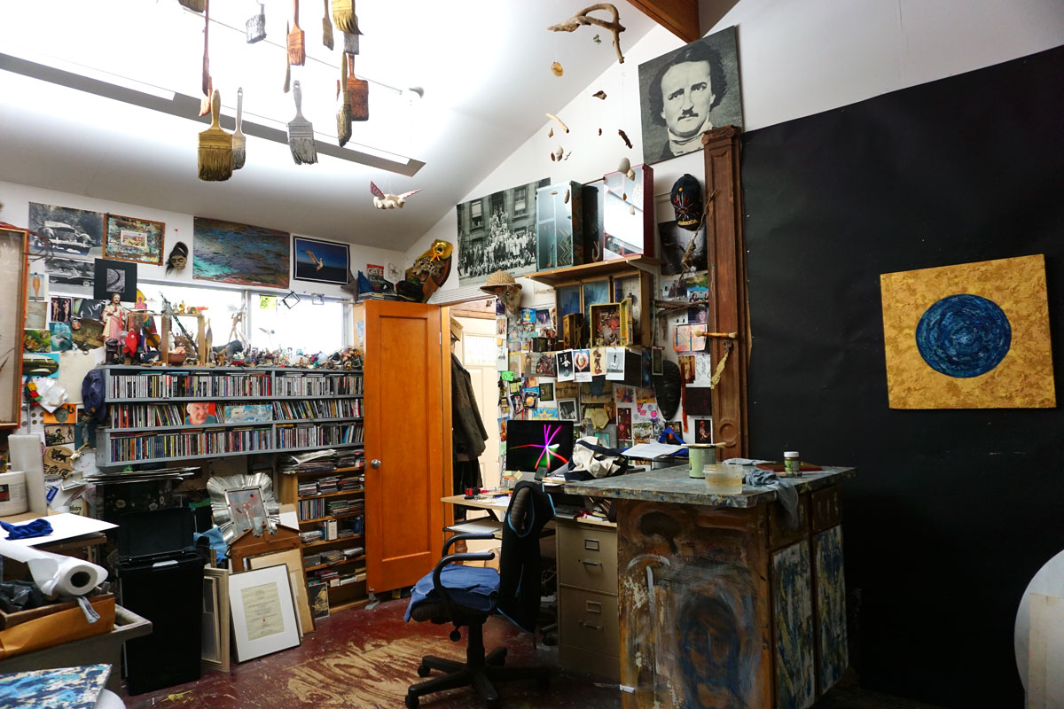 © 2019 Louise Levergneux. Many objects and colour on display in Christopher’s studio space.