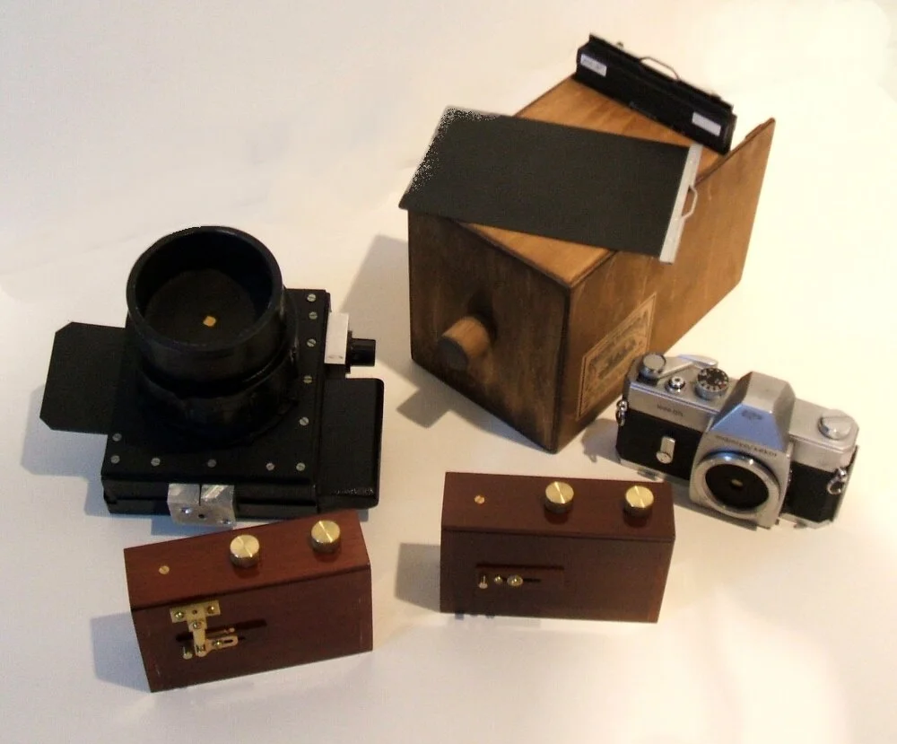 Mary Agnes shoots with film, black and white and colour, using her pinhole cameras above: clockwise from top right: a 4 x 5 “Santa Barbara” made by the Lensless Camera Mfg. Company of Santa Barbara; a 35mm converted Mamiya/Sekor camera; a 120 format “Zero 2000” handmade by Zero Image, Hong Kong; a 120 format “Zero 2000 – Zone Plate Version” handmade by Zero Image, Hong Kong; and a 120 format handmade by Thomas Parker Williams.