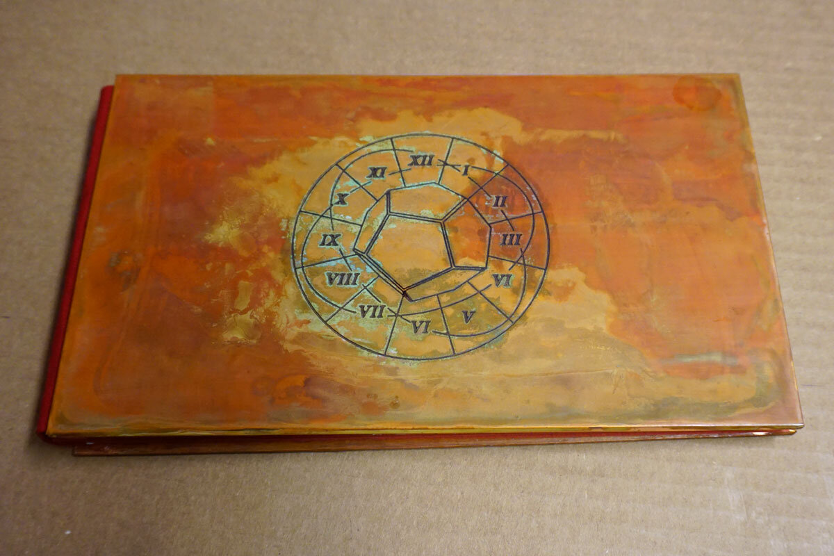 © 2019 Louise Levergneux. Vessel of Secrets by Thomas Parker Williams, unique book; twelve original drawings in acrylic ink on handmade paper; binding is copper sheet with patina and letterpress image over binders board; printed and hand-set text by Mary Agnes on Not Quite White paper by Twinrocker and Mowhawk Via for interleaving and endpapers.
