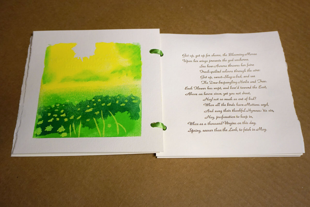 © 2019 Louise Levergneux. Corinna’s Going a Maying , edition of 10, poem by British lyric poet Robert Herrick, published in 1648; eighteen pages on Twinrocker hand-made paper; pochoir images; text is hand-set in Park Avenue ATF, letterpress printed; bound with ribbon; silkscreened hand-made paper; concept, design, typesetting, and printing by Mary Agnes Williams; design, illustrations, printing and binding by Thomas Parker Williams.