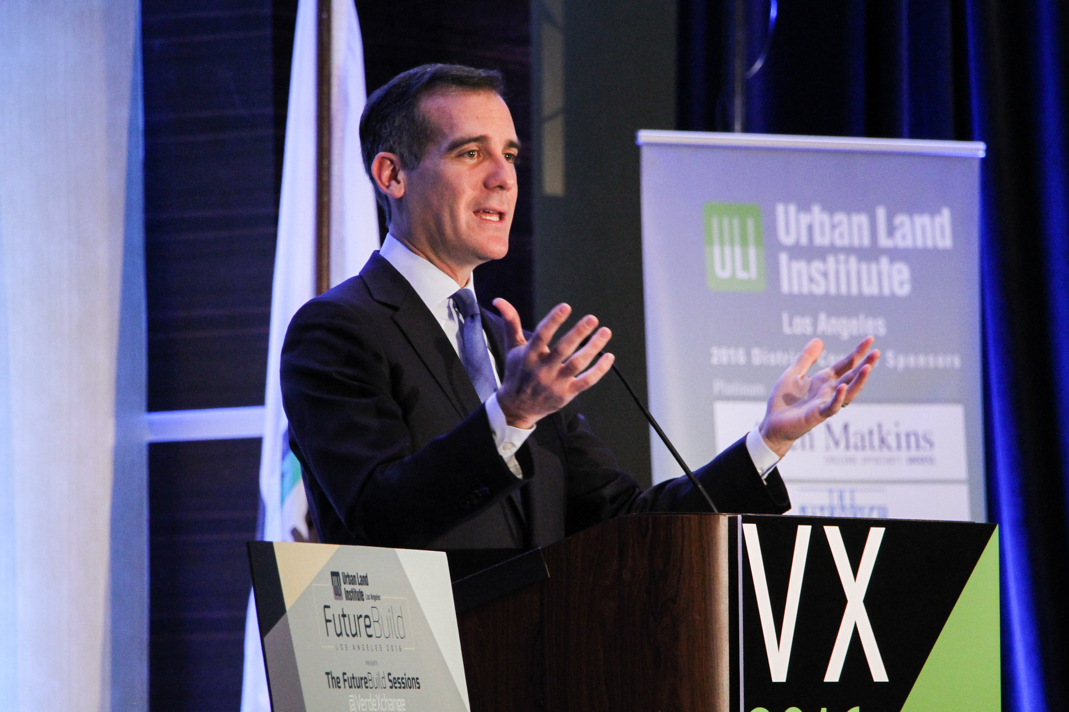 Mayor Eric Garcetti's keynote to FutureBuild / VerdeXchange heralded the coming restoration of the L.A. River. photo by Dlugolecki Photography
