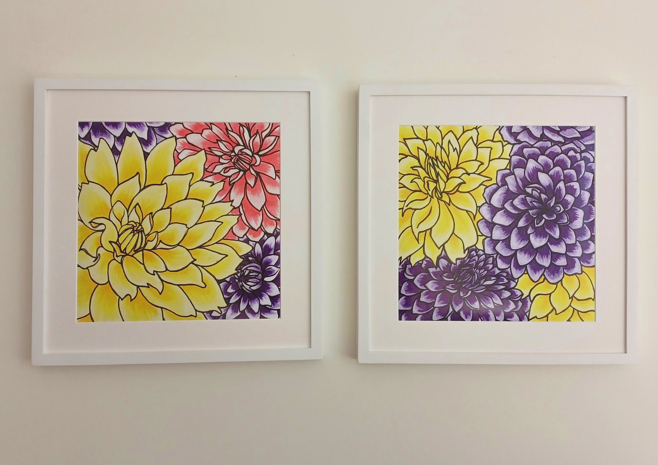 Left- Dahlias in Yellow, Blue and Pink, 2022. Right- Dahlias in Yellow and Blue