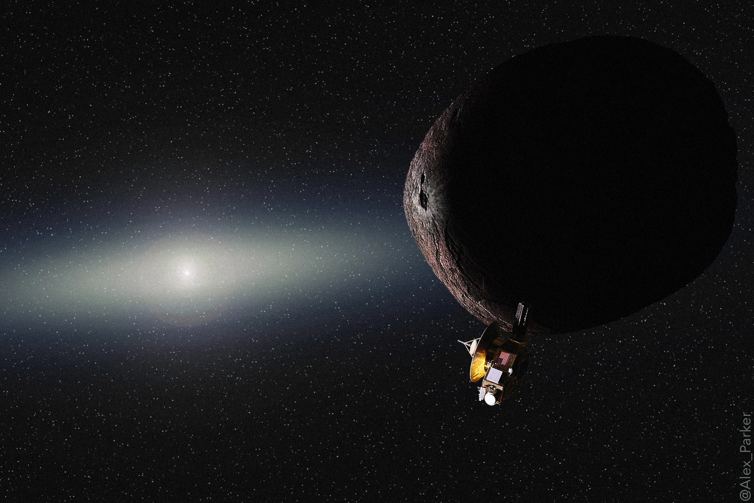 Conceptual illustration of a flyby of Kuiper Belt Object PT1 by NASA's New Horizons in late 2018. 