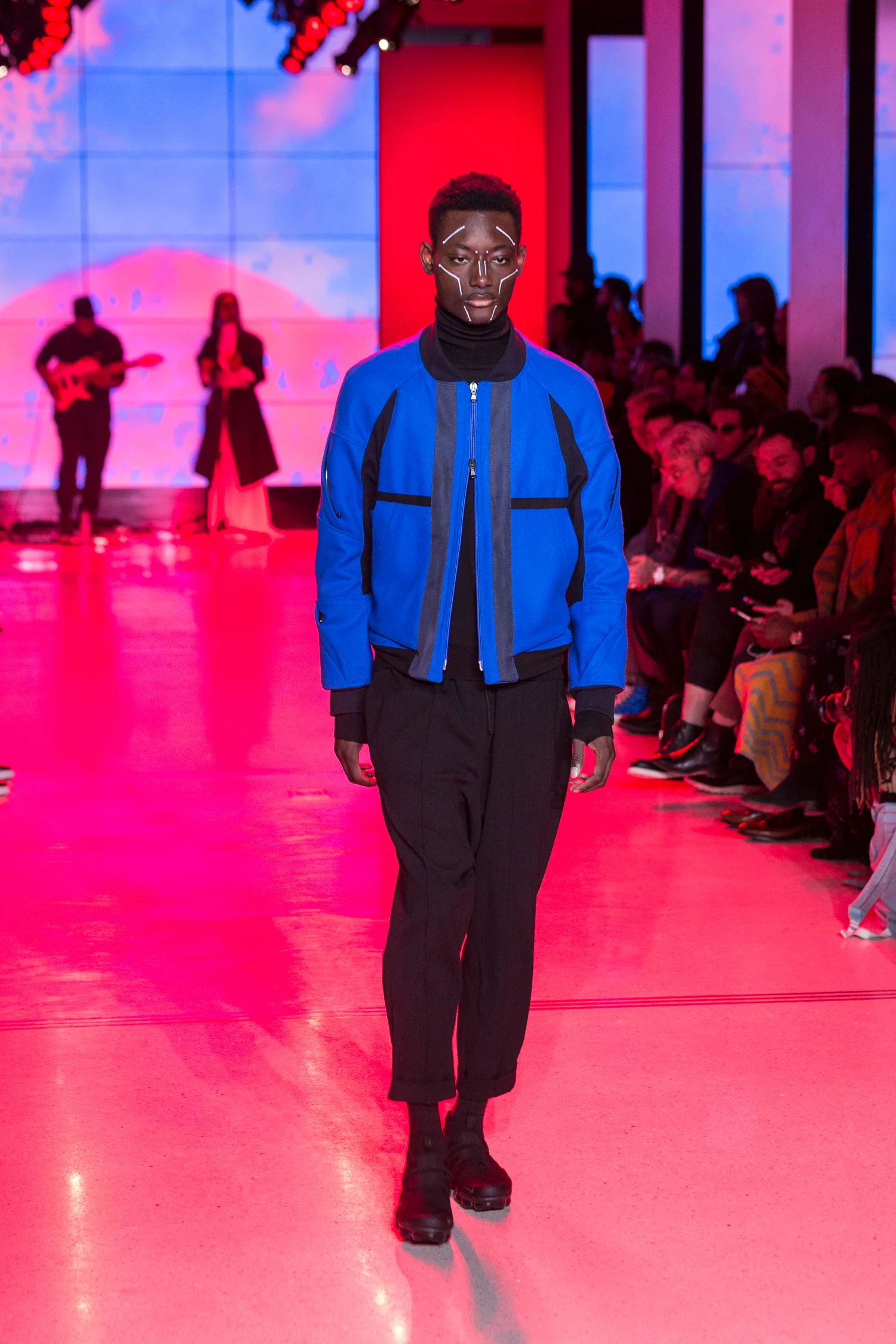 LOOK 26 ARC Flight Jacket / Azure Blue ARC Turtleneck / Black Terry ARC Ankara Pant / Black Wool Nike Air VaporMax Utility .