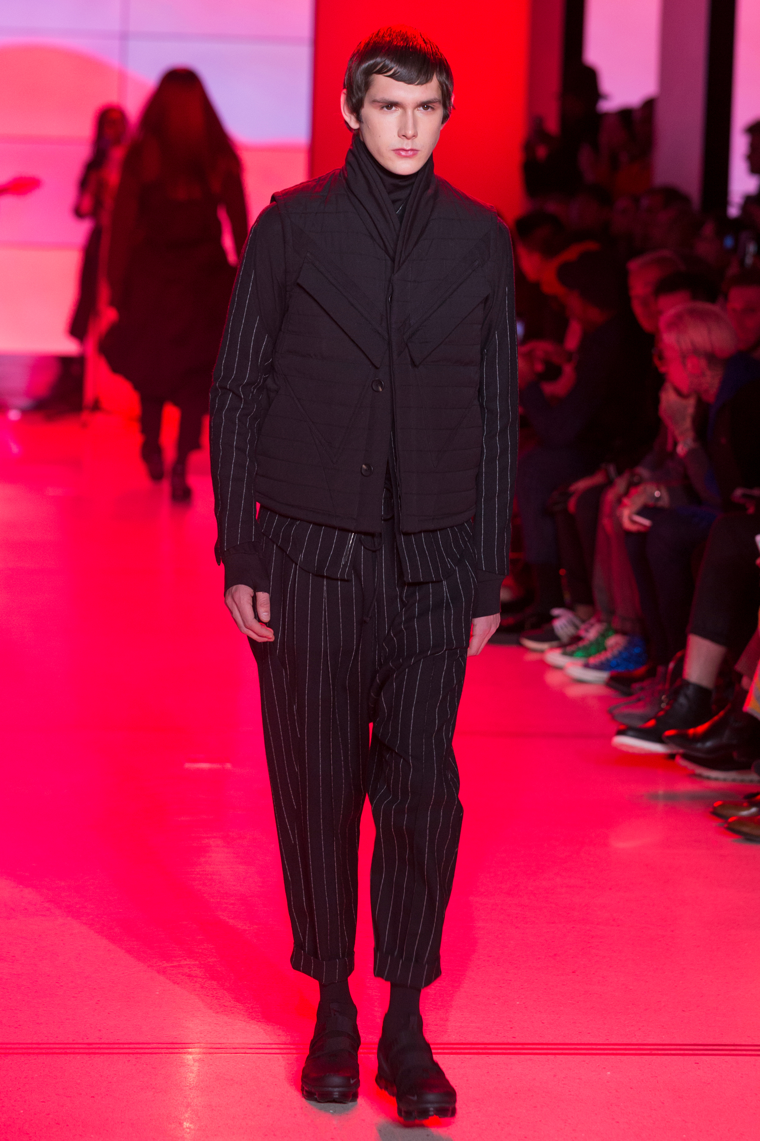  LOOK 3   ARC Tactical Vest  / Black Quilted Cotton   ARC Apres Shirt  / Black Pinstripe   ARC Turtleneck  / Black Terry   ARC Ankara Pant  / Black Pinstripe   Nike Air VaporMax Utility  