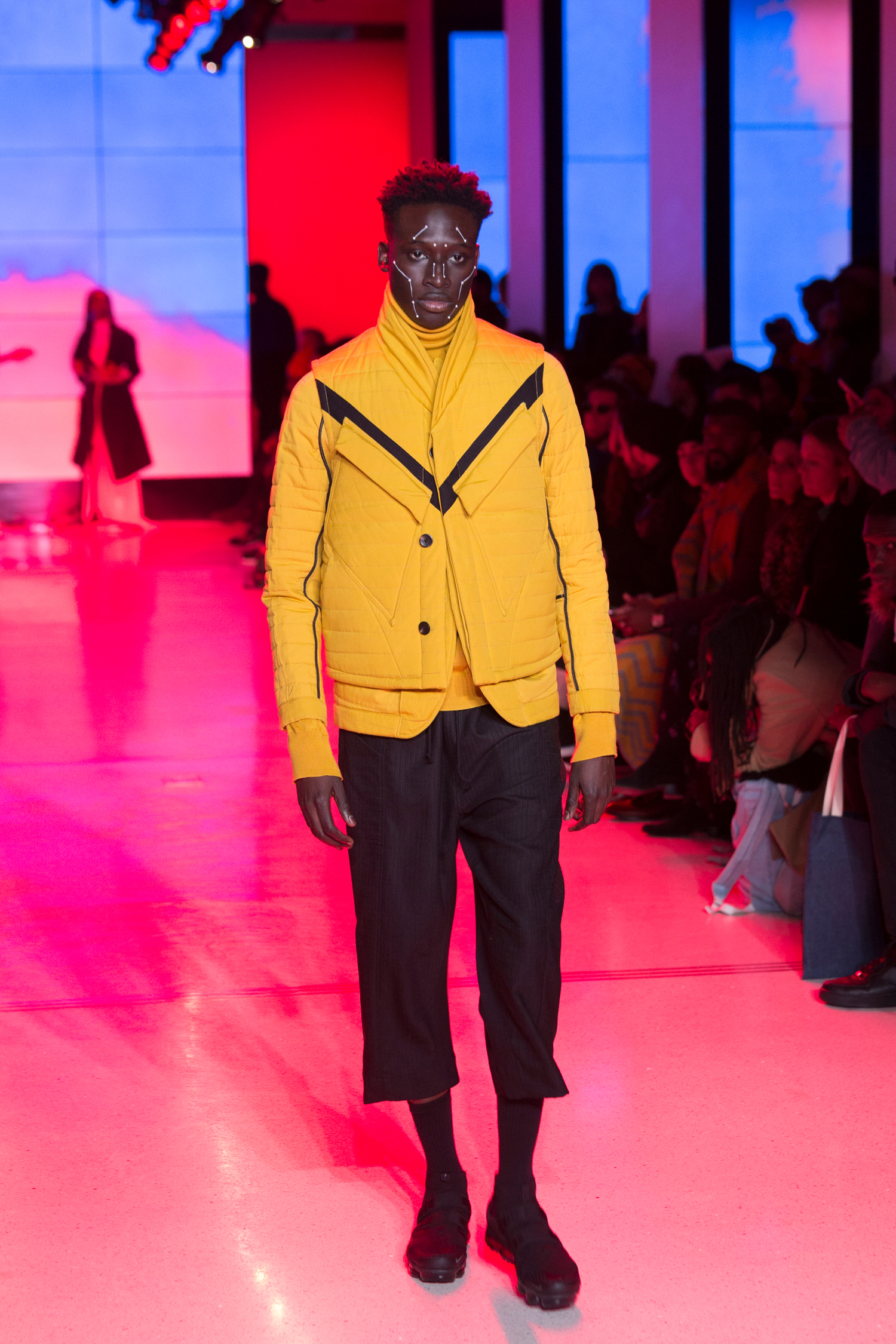  LOOK 28   ARC Oversize Scarf  / Rover Yellow   ARC Parka  / Rover Yellow   ARC Long Sleeve Tee  / Black   ARC Ankara Pant  / Black Wool   Nike Air VaporMax Utility  