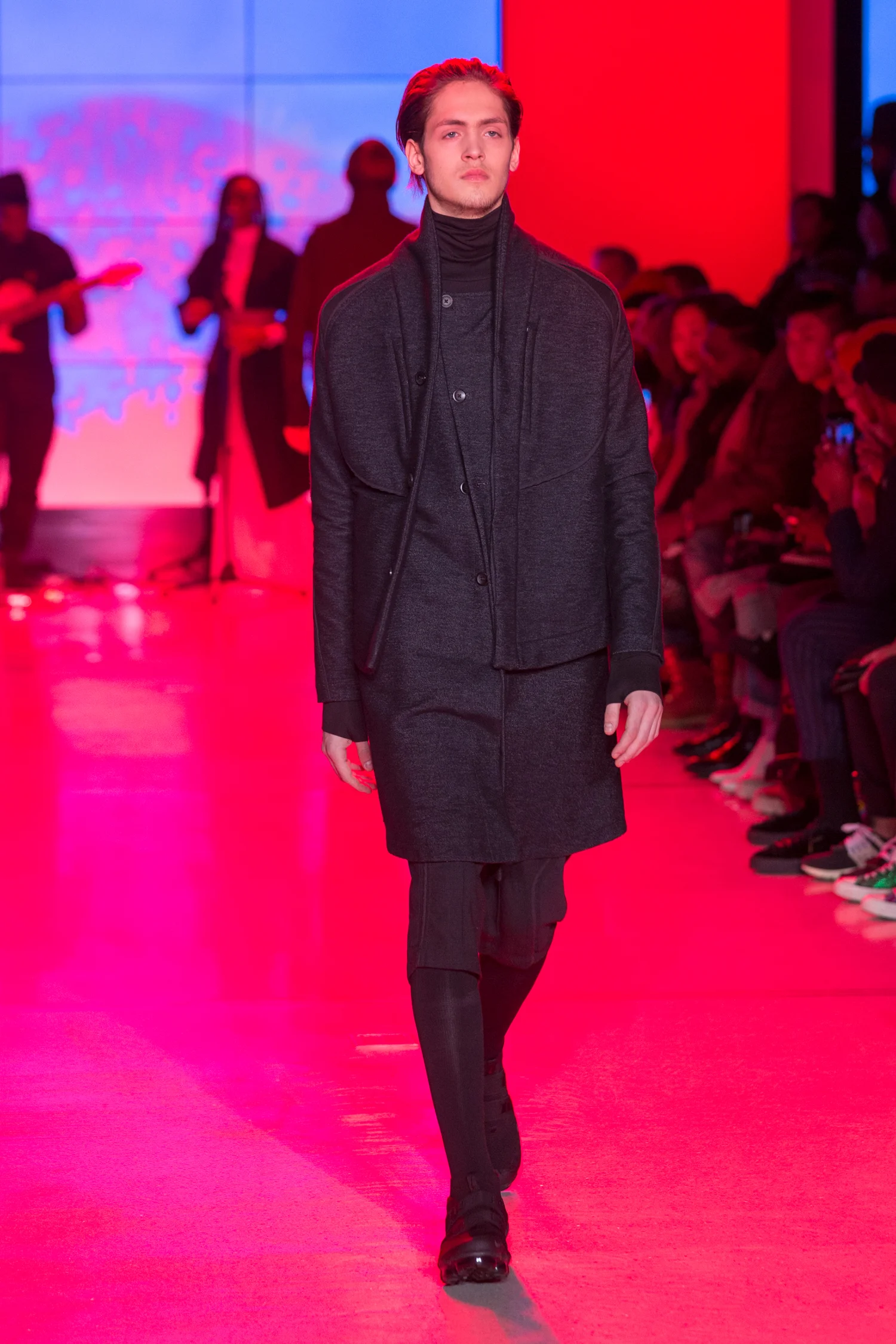 LOOK 4 ARC Dissent Jacket / Black Flannel ARC Long Vest / Black Flannel ARC Turtleneck / Black Terry ARC Kyoto Short / Black Wool Nike Air VaporMax Utility