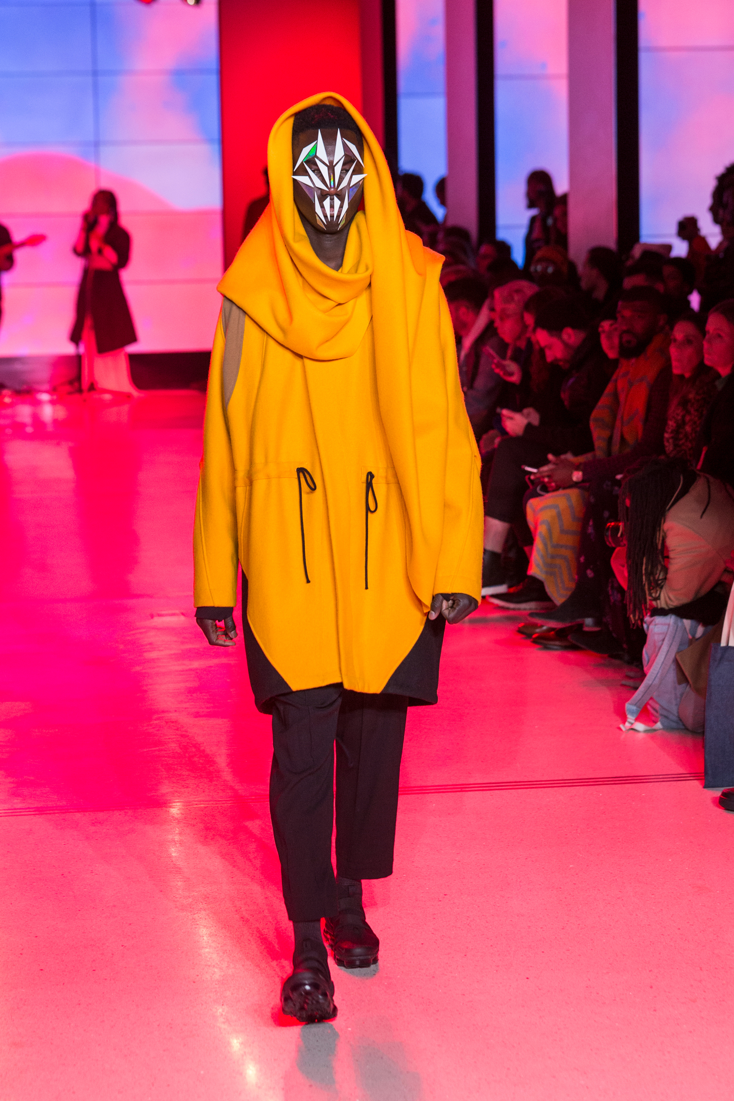  LOOK 28   ARC Oversize Scarf  / Rover Yellow   ARC Parka  / Rover Yellow   ARC Long Sleeve Tee  / Black   ARC Ankara Pant  / Black Wool   Nike Air VaporMax Utility  