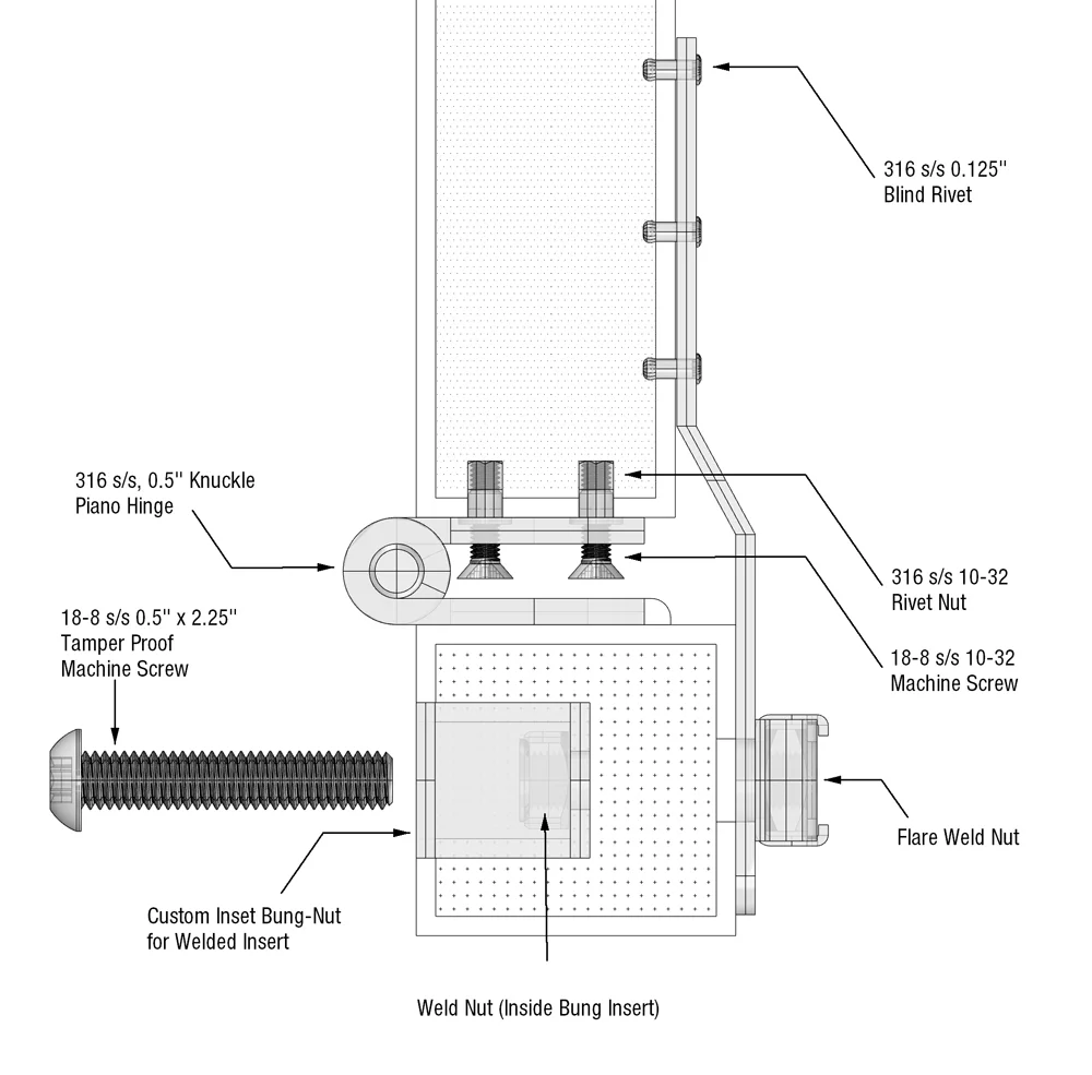 Plan view detail of custom bolt/locking mechanism that holds the hinging door closed. 
