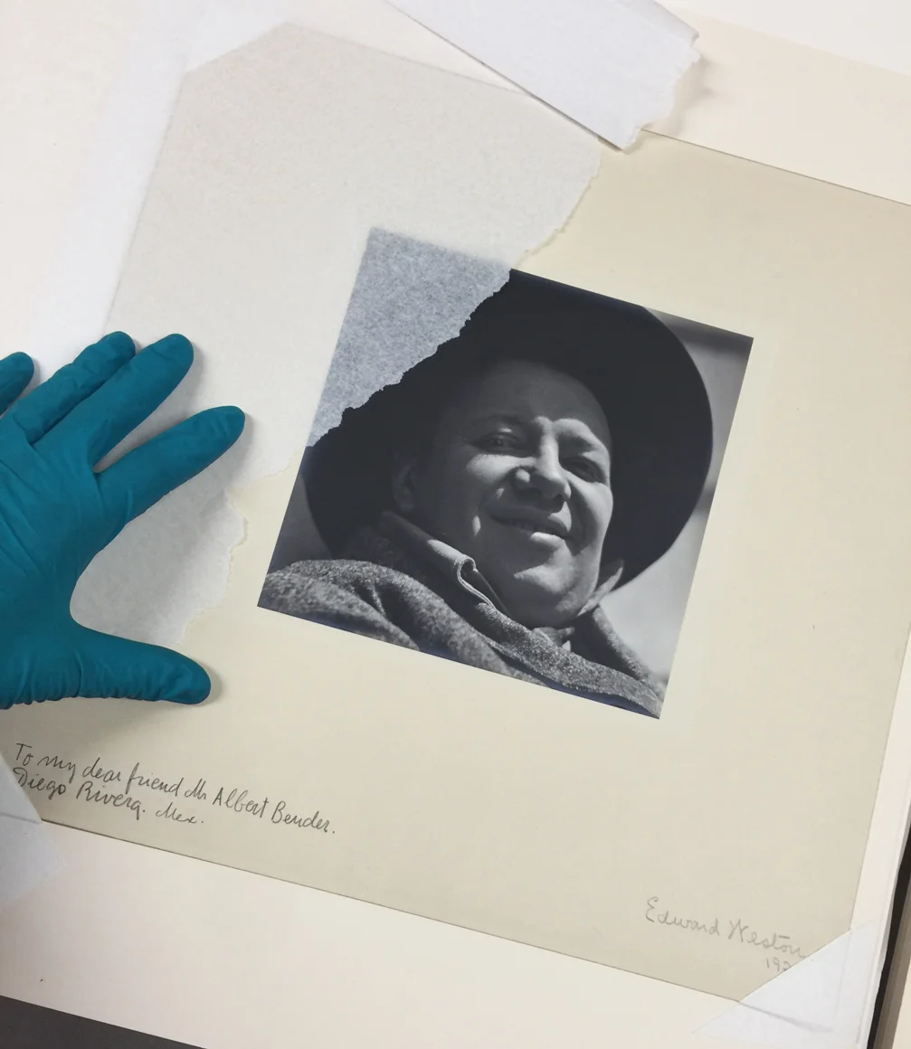 Photographing and creating a condition report for an Edward Weston portrait of Diego Rivera.