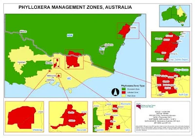 1. RED: Phylloxera Infested Zone (PIZ) known to have phylloxera 2. GREEN: Phylloxera Exclusion Zone (PEZ) known to be free from phylloxera 3. CREAM: Phylloxera Risk Zone (PRZ) phylloxera status unknown (but never detected)
