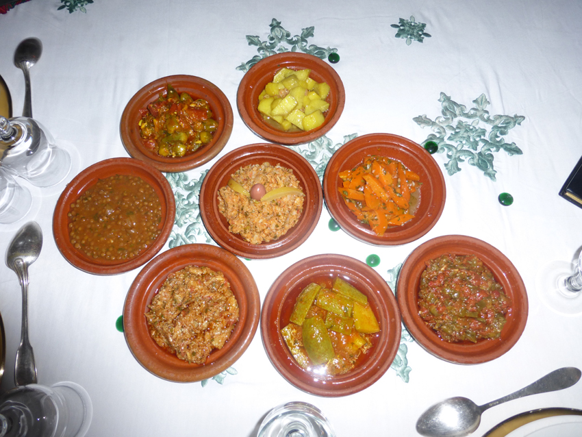 We haven't mentioned much about the food yet either - our mistake. It's a trip highlight. This is just the average appetizer course. All vegetables. All amazingly delicious. We had dinner last night at Le Maison Bleu - one of the top restaurants in Fes. $35.00 each - wow, healthy and budget-friendly.