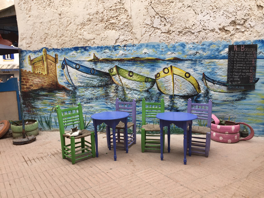 An alley in the seaside town of Essaouira. Check out the cat sleeping on the chair.